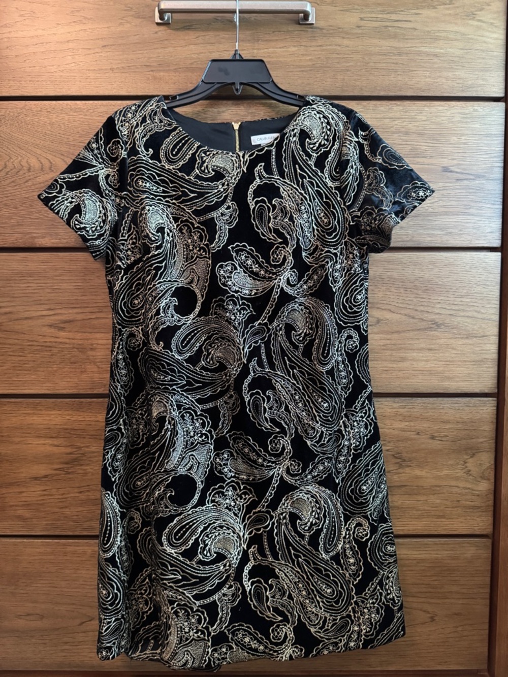 Calvin Klein Black Paisley Gold Embroidery Velvet Metallic Short Sleeve Dress